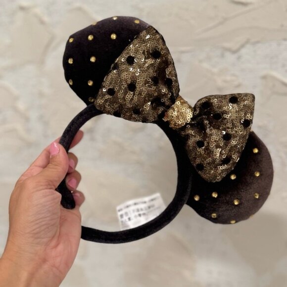 Disney Parks Black Jeweled Studded Gold Minnie Mouse Plush Ear Headband - Picture 2 of 7
